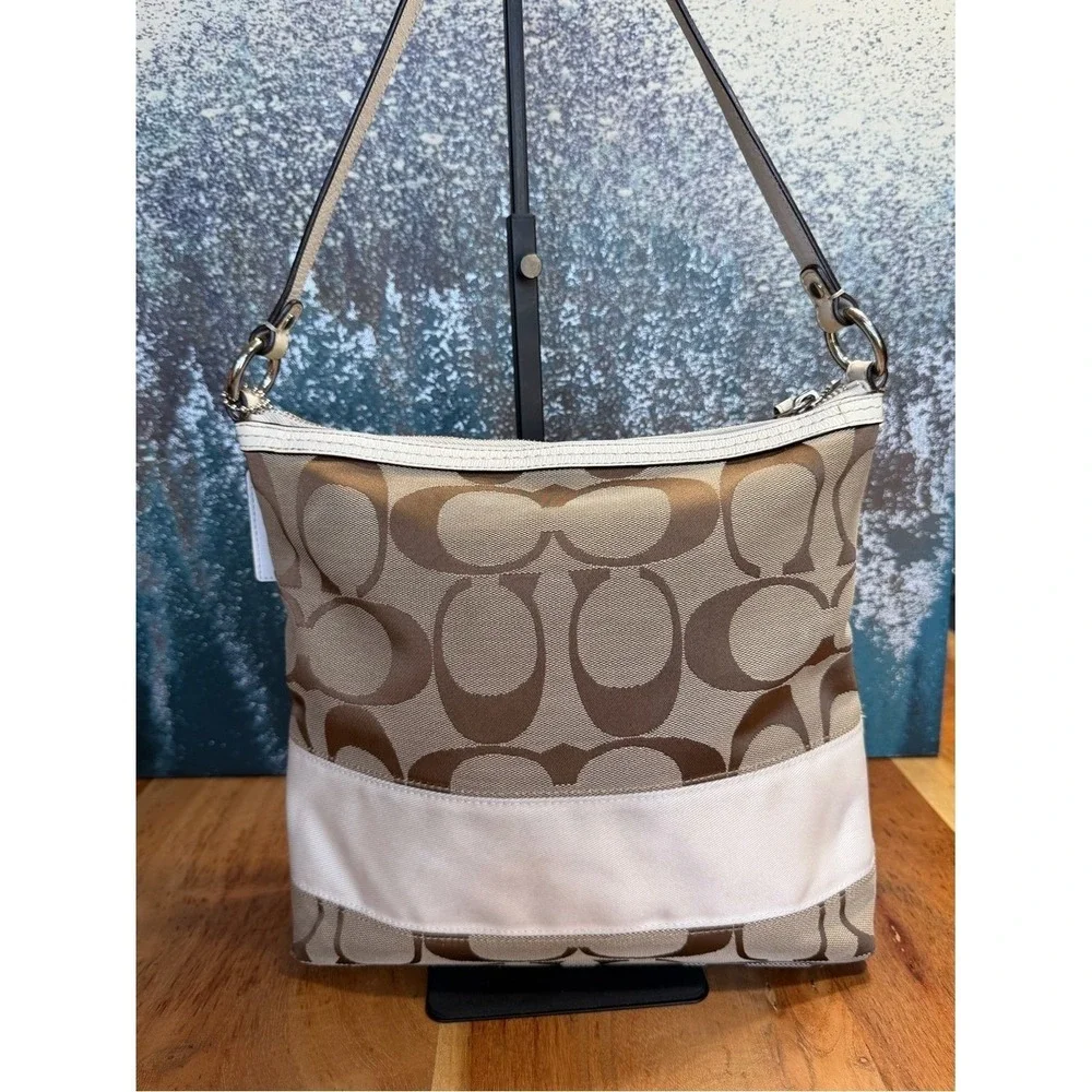 Coach Y2K 2009 Signature Stripe Canvas Hobo Bag Khaki Ivory GUC